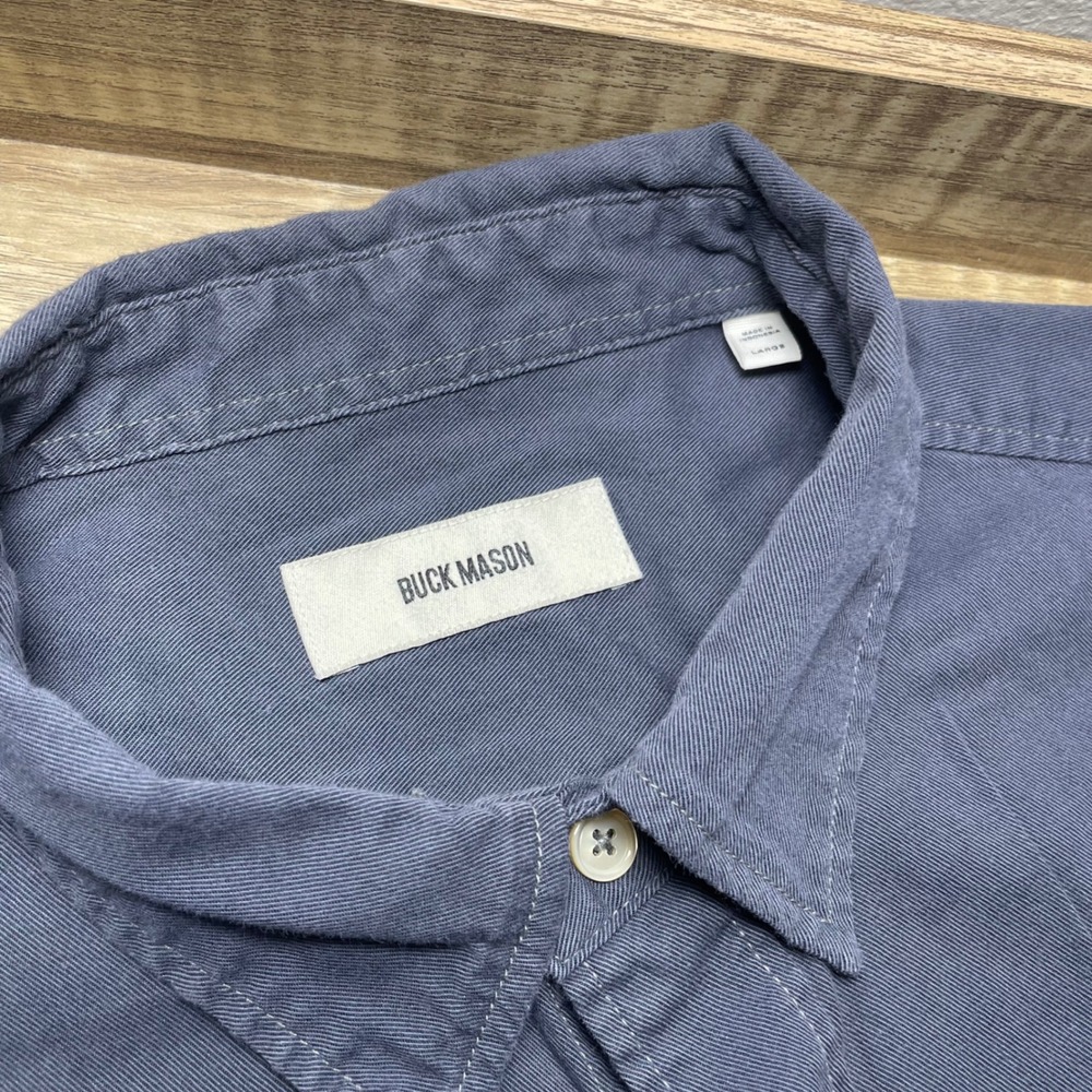 Buck Mason Mens Large Button Up Short Sleeve Shirt Slate Blue Cotton Rayon EUC - Picture 2 of 7
